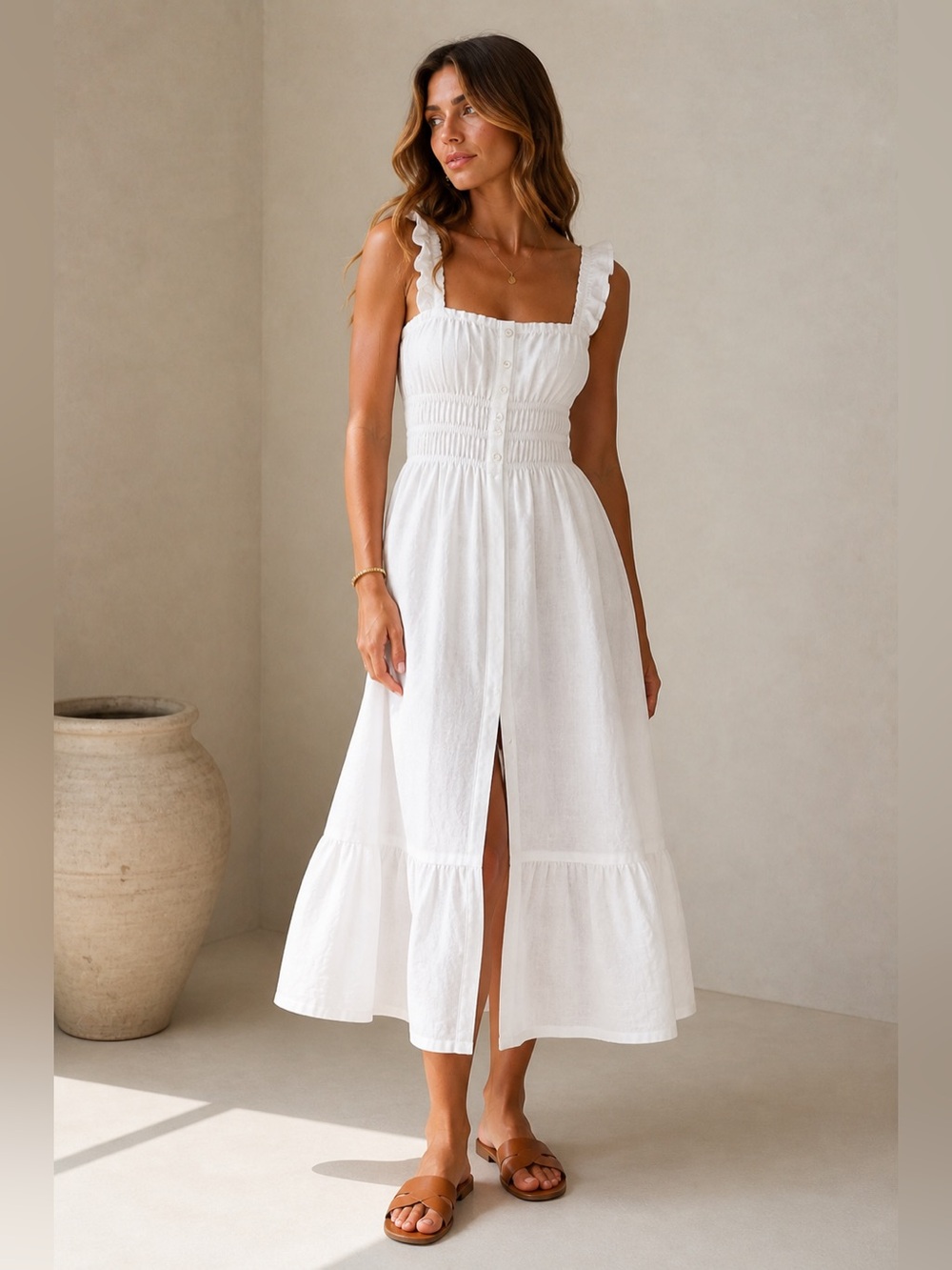 VRG GRL White Linen Smocked Midi Dress Ruffle Strap Button Front Size AU 8 US 4